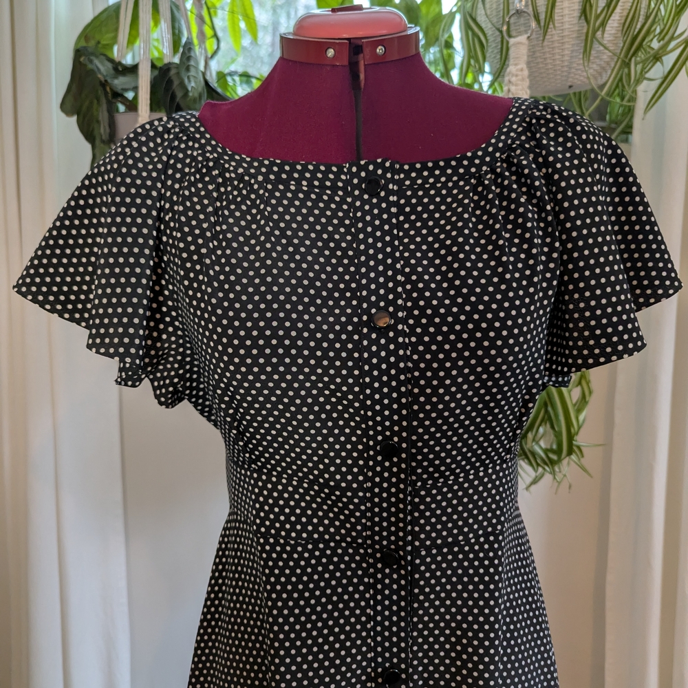 Handmade Black Polka Dot Midi Dress with Button Front / Small/Medium - Picture 2 of 5
